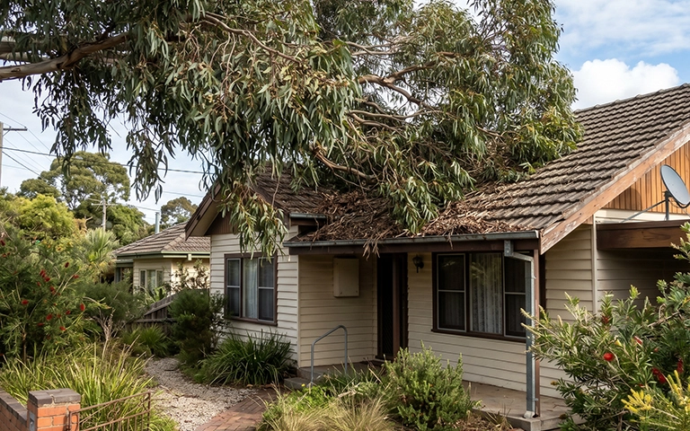 Large overgrown tree risks extending over a Melbourne home, creating roof damage and safety concerns.