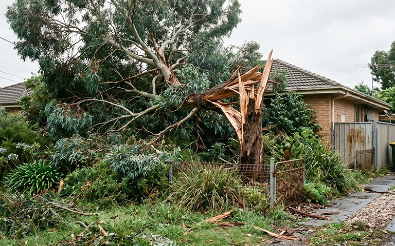 Storm-damaged overgrown tree risks and collapsed onto a residential property in Melbourne after structural failure.